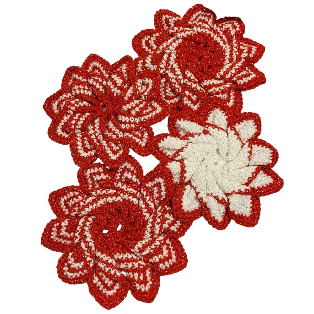 Vintage Crochet Star Pinwheel Trivet Red White Metallic Christmas Lot of 4